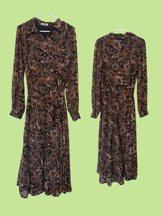 Suzy Shier Dresses & Skirts - Suzy Shier Paisley Print Chiffon Shirt Maxi Dress, Long Sleeves, Black, Size L